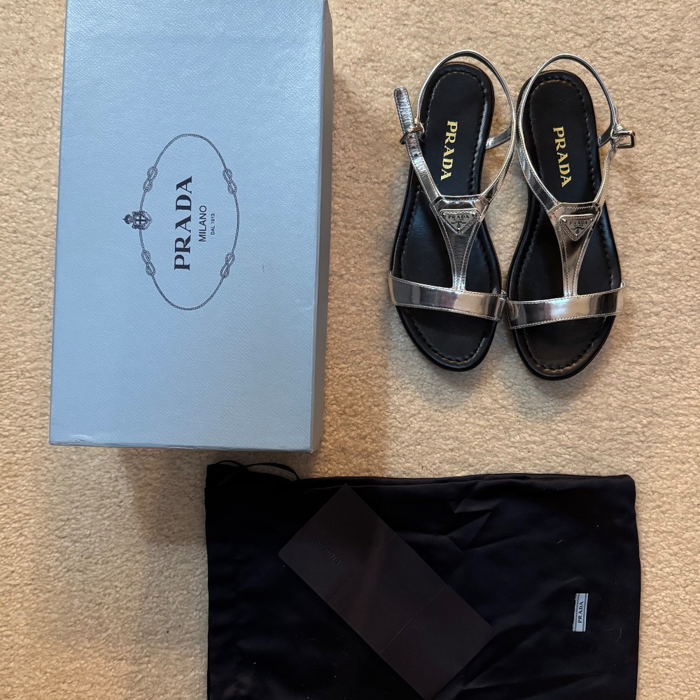 Prada flat silver strap sandals, Calzature Donna Capretto Lamin, size 7